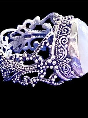 Ornate Silver Filigree Ring with Lace Agate Stone